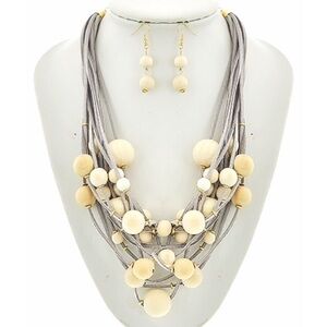 Chic Multi-Strand Necklace and Earring Set - Cream and Gray